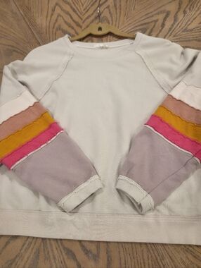 EASEL Oversized Beige Raglan Sweatshirt with Rainbow Colorblock Sleeves - Small